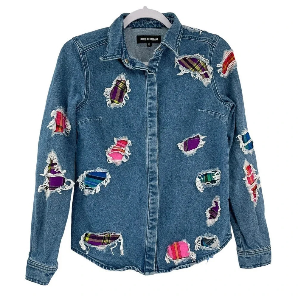 House of Holland Patchwork Denim Distressed Jean Shirt Snap size US 2 - Picture 6 of 13